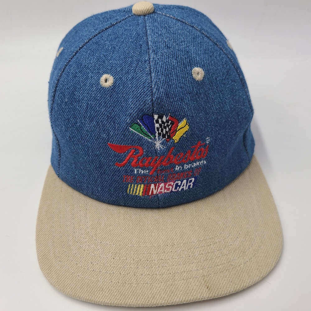 Vintage NASCAR Hat Snapback K-Products Blue Beige Denim Raybestos Racing 90s Men